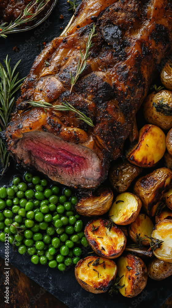 Roast lamb with potatoes and peas