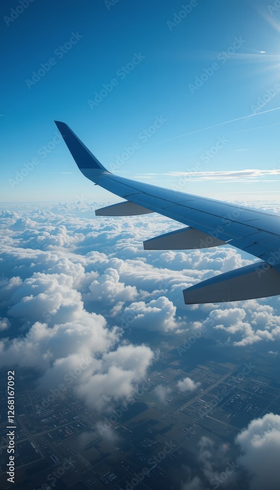 Fototapeta premium Passenger jet soaring above the clouds during takeoff, close-up on the wing with cityscape far below, under a vibrant blue sky Generative AI