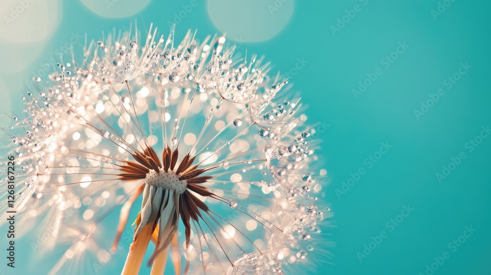Obraz premium Dew-Covered Dandelion Seed Head Against a Turquoise Background