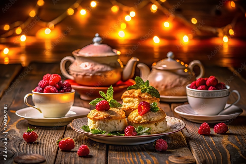 Delicious Afternoon Tea: Scones, Cakes, Raspberries & Tea - Night Photography Delicious Afternoon Tea: Scones, Cakes, Raspberries & Tea - Night Photography