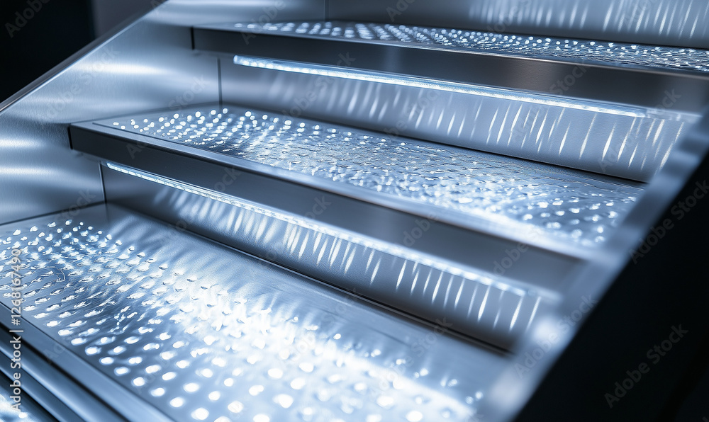 High-tech metal stairs illuminated by LED lighting, merging futuristic design with smart home architectural innovation
