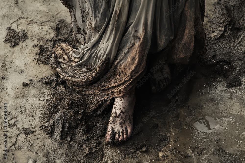 Obraz premium Barefoot woman standing in mud with dress edges soiled