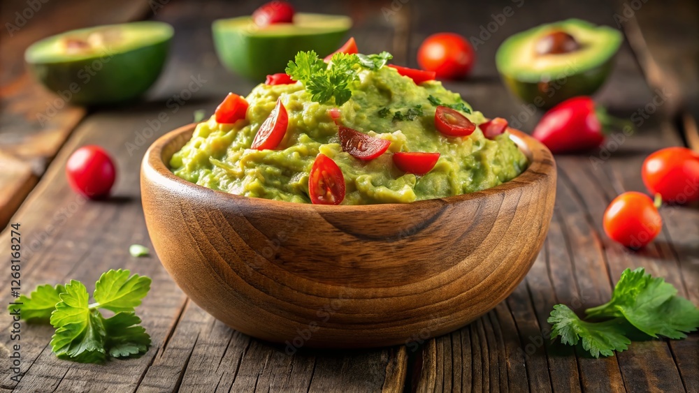 Delicious Creamy Guacamole Dip in a Rustic Bowl - Stock Photo