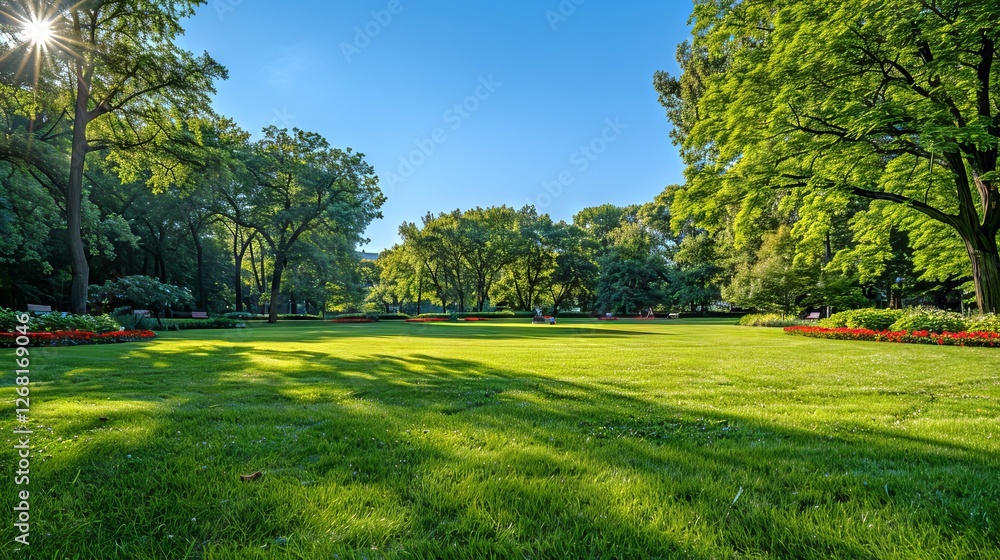 Obraz premium Expansive City Park with Lush Green Lawns and Blooming Flowers Under a Clear Blue Sky Concept of Urban Nature, Relaxation, Peaceful Scenery