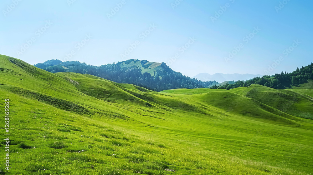 Scenic Alpine Pasture with Grazing Cattle Among Rolling Green Hills on a Clear Day. Concept of Serene Landscape, Tranquility, and Natural Beauty Scenic Alpine Pasture with Grazing Cattle Among Rolling Green Hills on a Clear Day. Concept of Serene Landscape, Tranquility, and Natural Beauty