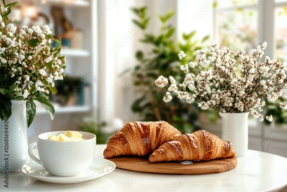 Cozy breakfast setting with fresh croissants and cappuccino in blooming floral kitchen Cozy breakfast setting with fresh croissants and cappuccino in blooming floral kitchen