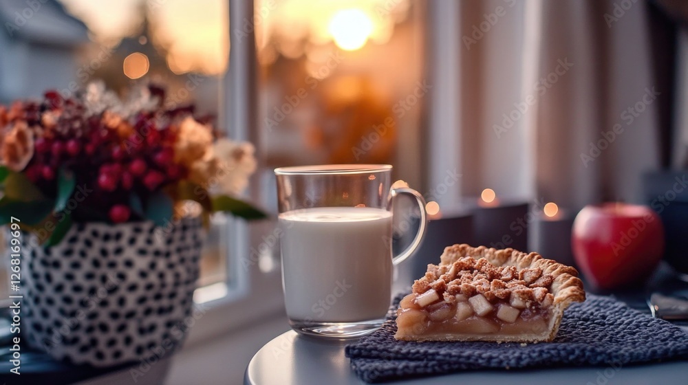 Cozy autumn scene with apple pie and milk by a sunset-lit window Cozy autumn scene with apple pie and milk by a sunset-lit window