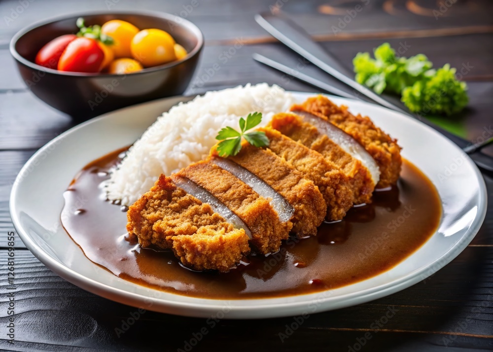 Delicious Japanese Katsu Curry with Pork Cutlets on White Plate - Stock Photo Delicious Japanese Katsu Curry with Pork Cutlets on White Plate - Stock Photo