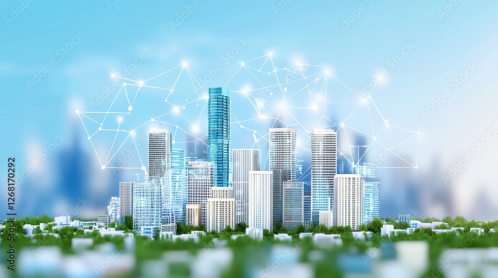 Fototapeta premium Bustling Cyber City Enhanced with Floating Augmented Reality Elements in a Futuristic Urban Landscape