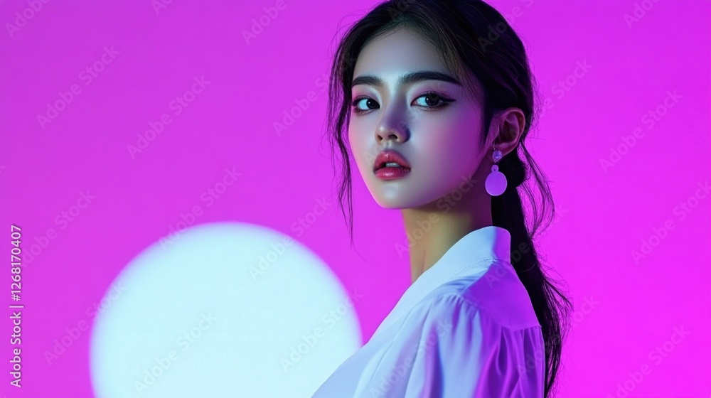 Asian female young model in white shirt against vibrant pink background Asian female young model in white shirt against vibrant pink background