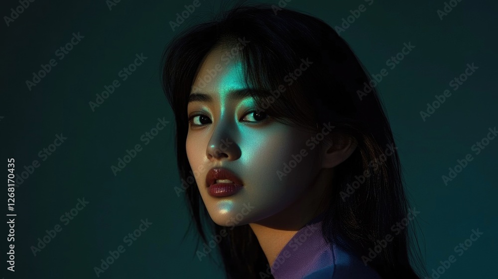Portrait of young asian female with dramatic lighting and intense expression Portrait of young asian female with dramatic lighting and intense expression