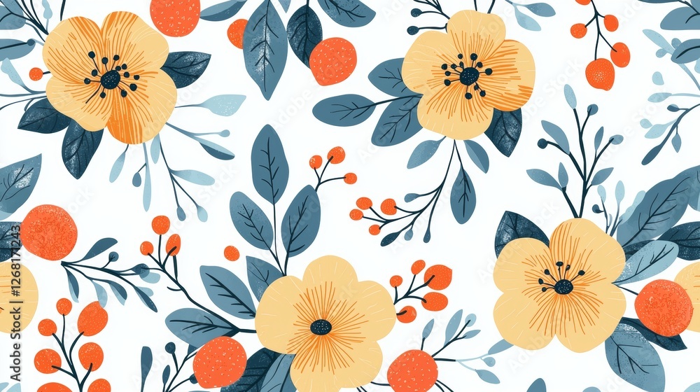 Elegant Floral Pattern with Orange Flowers, Blue Leaves, and Fruits on White Background Elegant Floral Pattern with Orange Flowers, Blue Leaves, and Fruits on White Background