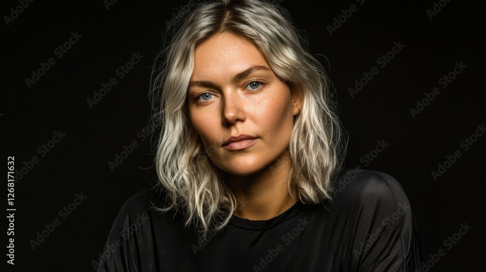 Caucasian young female with blonde hair in black top against dark background Caucasian young female with blonde hair in black top against dark background