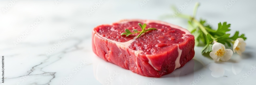Raw beef standing alone on a white marble surface, butcher shop, steak, meat cut Raw beef standing alone on a white marble surface, butcher shop, steak, meat cut