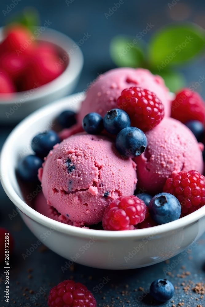 Scoops of wild berry ice cream, raspberries & blueberries, close-up, raspberries, blue, scoop Scoops of wild berry ice cream, raspberries & blueberries, close-up, raspberries, blue, scoop