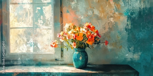 Impressionistic painting depicts flowers in a vase by window