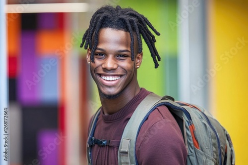 Smiling young african male with dreadlocks and backpack in colorful setting photo