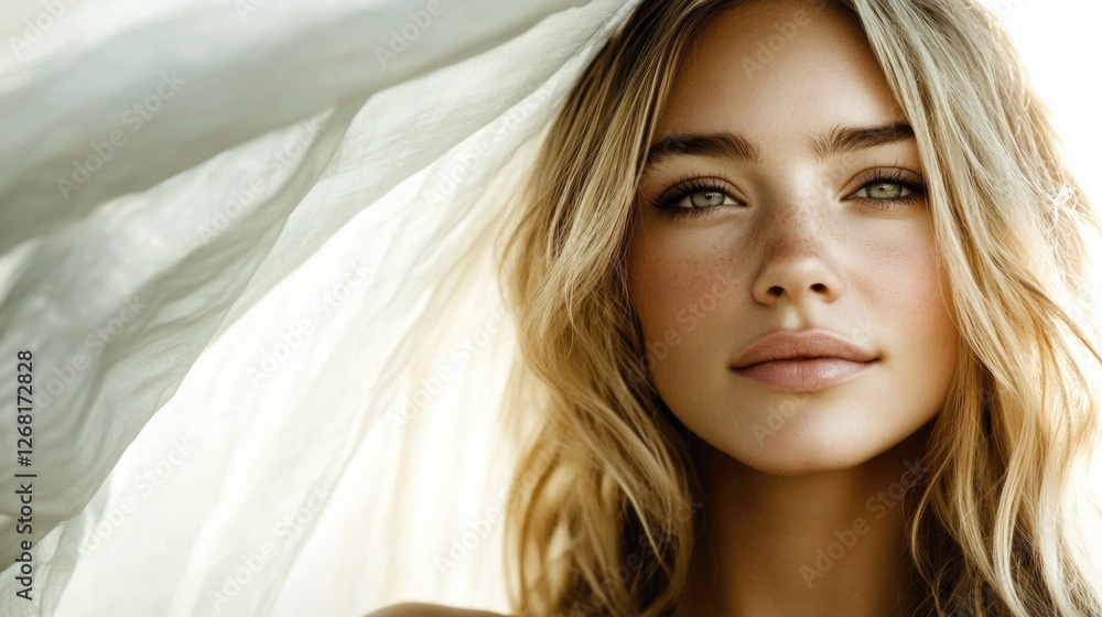 Fototapeta premium Close-up of young caucasian female with blonde hair in natural light