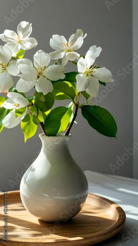 Wallpaper Mural Fresh white flowers in a minimalist vase on a wooden tray in natural light Torontodigital.ca