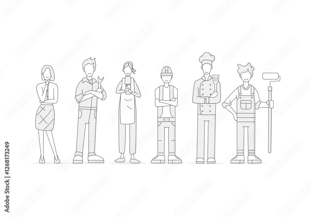 secretary, mechanic, engineer, cleaning lady, cook, painter, flat illustration secretary, mechanic, engineer, cleaning lady, cook, painter, flat illustration