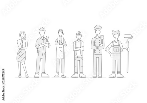 secretary, mechanic, engineer, cleaning lady, cook, painter, flat illustration