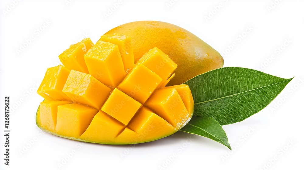 Ripe Yellow Mango Cubes With Green Leaves On White Background Ripe Yellow Mango Cubes With Green Leaves On White Background