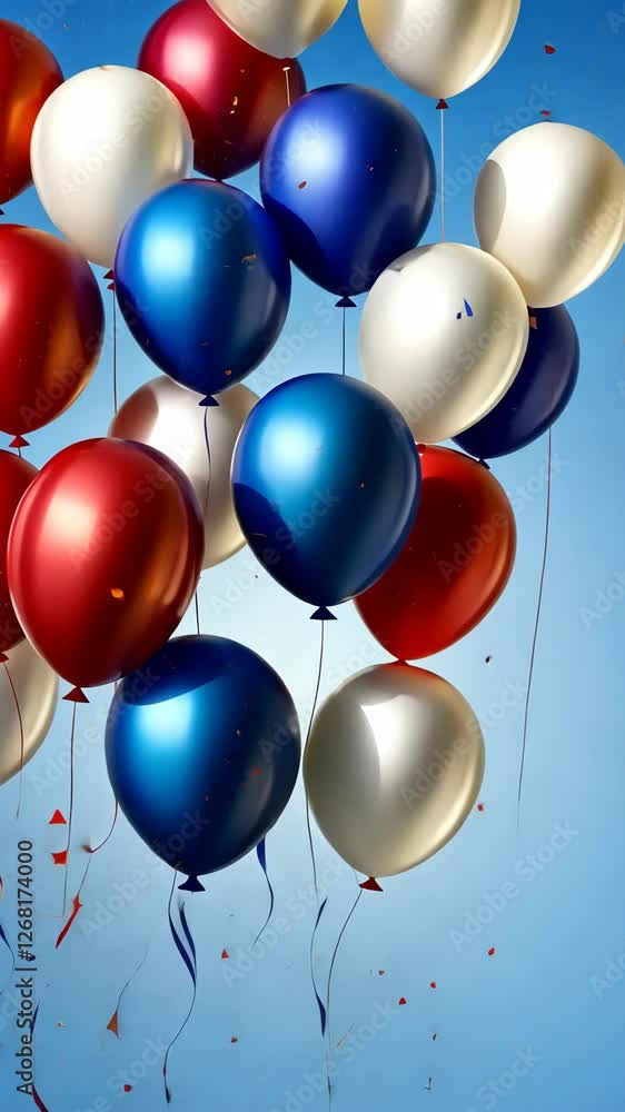 Colorful balloons celebrating an event with confetti against a bright blue background