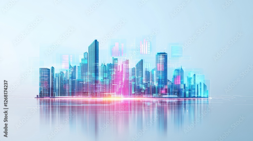 Futuristic Skyline Featuring Digital Elements and AI-Driven Holograms in a Modern Urban Landscape