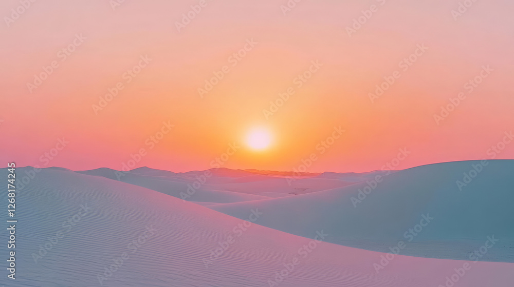 Breathtaking sunset over sand dunes, creating serene atmosphere Breathtaking sunset over sand dunes, creating serene atmosphere