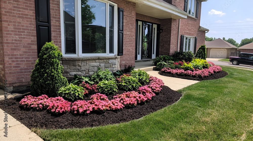 Obraz premium Suburban home landscaping, colorful flowers, sunny day, walkway