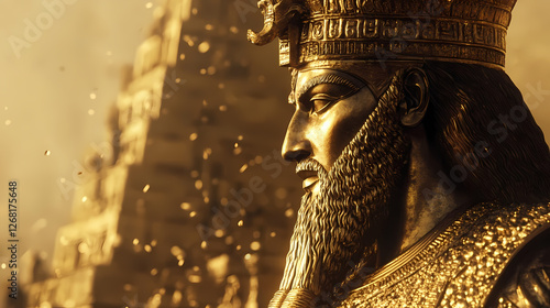 Golden nebuchadnezzar statue symbolizing power and majesty in ancient babylonian culture and history. Gilded Ruins. Illustration photo