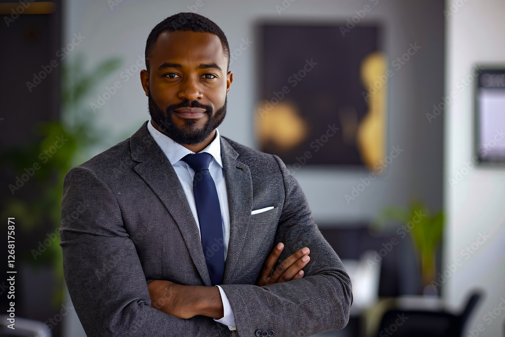 A man in a suit and tie standing with his arms crossed A man in a suit and tie standing with his arms crossed