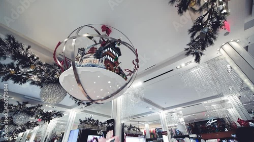 NEW YORK CITY - DECEMBER 2018: Interior of Macy's mall in Manhattan. Slow motion