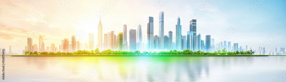Fototapeta premium Futuristic Cityscape with Holographic Elements and Vibrant Atmosphere at Sunrise Over Water