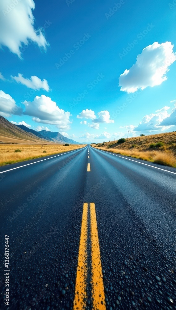Fototapeta premium Endless asphalt ribbon vanishing into a vibrant blue sky , texture, background, scenery