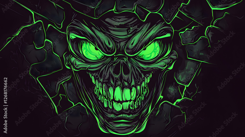 A glowing green cyber skull breaking through a cracked dark surface, evoking themes of horror, cyberpunk, and futuristic design A glowing green cyber skull breaking through a cracked dark surface, evoking themes of horror, cyberpunk, and futuristic design