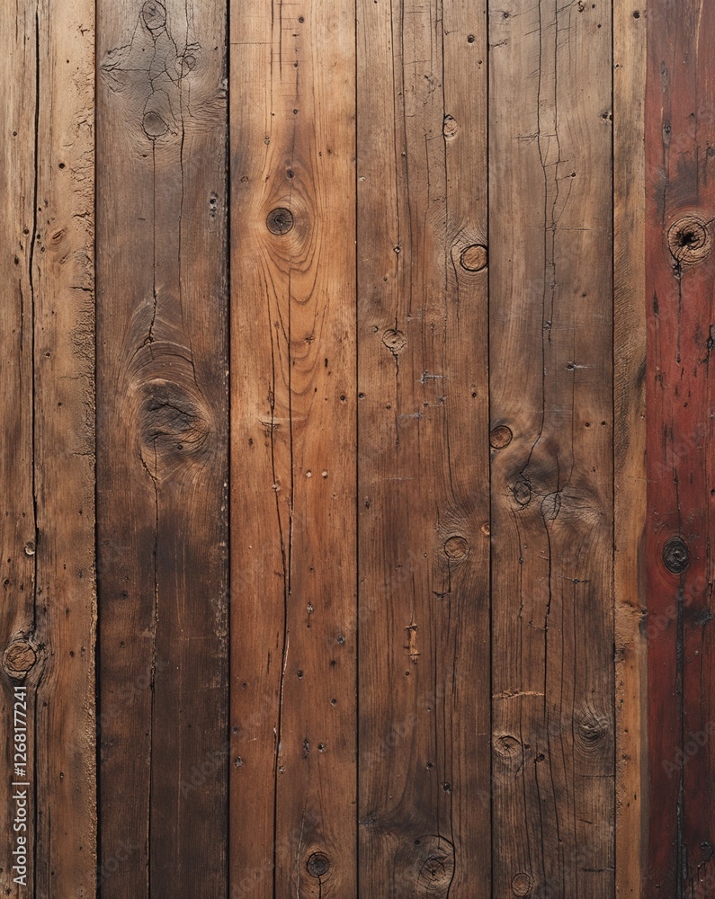Obraz premium a rustic and weathered texture. The wood appears to be aged, with visible grain patterns and a variety of natural imperfections, such as knots and scratches. The color palette consists of warm, earthy