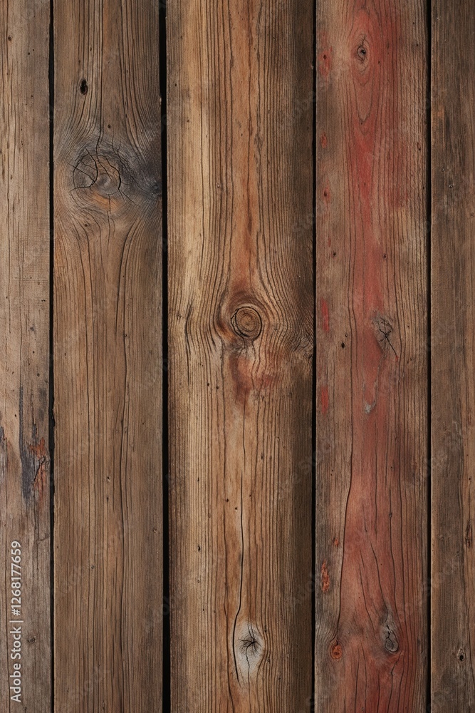 Naklejka premium a rustic and weathered texture. The wood appears to be aged, with visible grain patterns and a variety of natural imperfections, such as knots and scratches. The color palette consists of warm, earthy