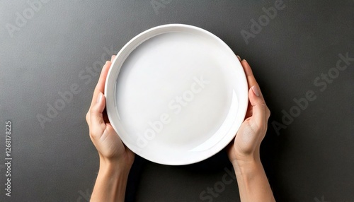 Obraz na płótnie woman's hands holding an empty white plate on a grey surface w salonie