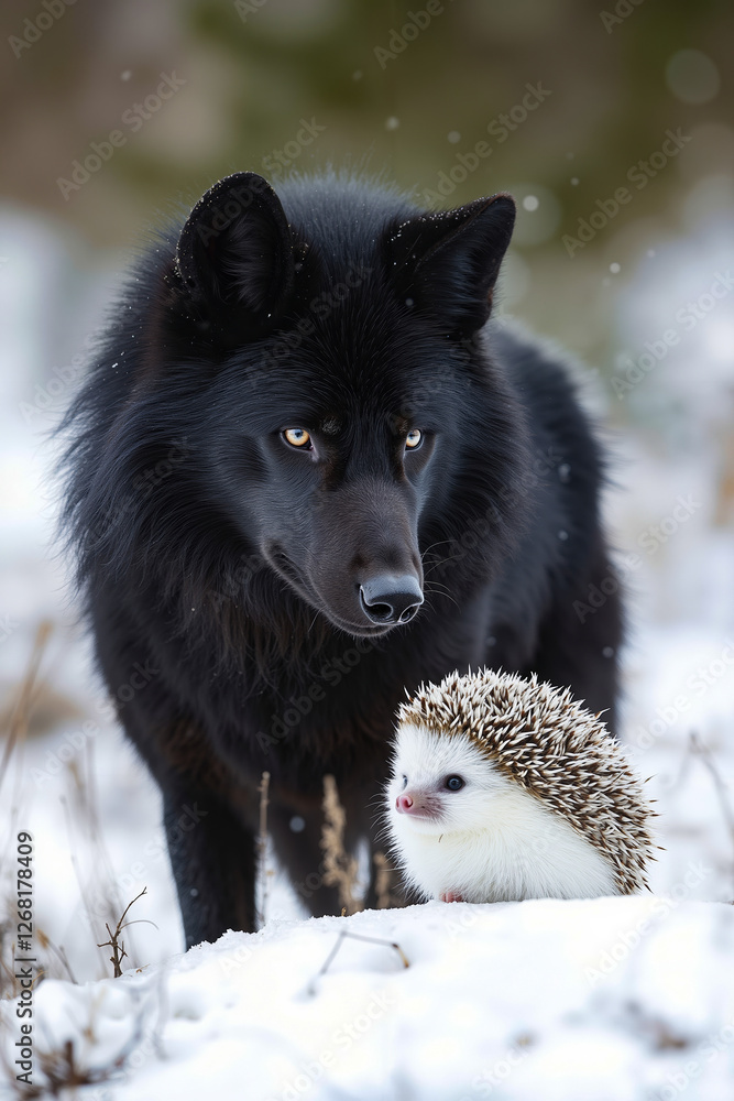 Naklejka premium A black wolf and a hedgehog in the snow