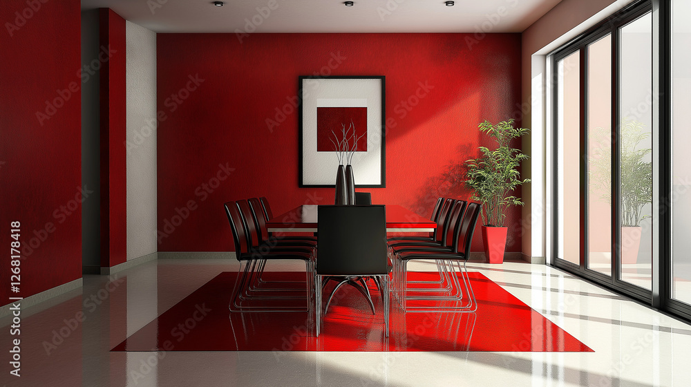 Fototapeta premium A modern dining room features a sleek red table and matching chairs creating a bright and elegant space designed for comfortable dining against red wall with stylish picture 