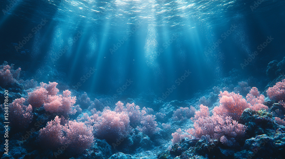 Naklejka premium A breathtaking underwater scene with glowing crystal formations and a serene marine landscape, bathed in a soft, ethereal light, evoking tranquility, beauty, and the wonders of the ocean