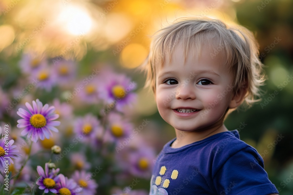 Happy toddler smiling amidst purple flowers at sunset. Happy toddler smiling amidst purple flowers at sunset.
