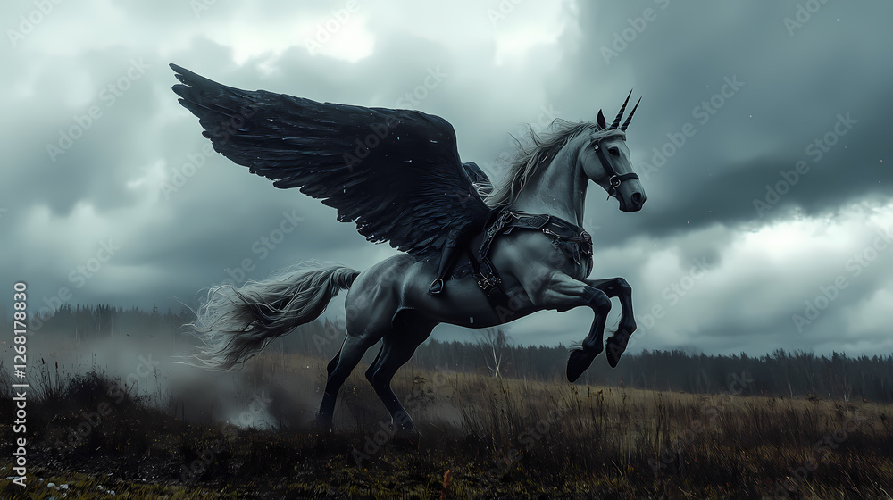 Obraz premium Majestic winged unicorn gallops, stormy sky, fantasy art, mythical creature. Stormborne Pegasus. Illustration