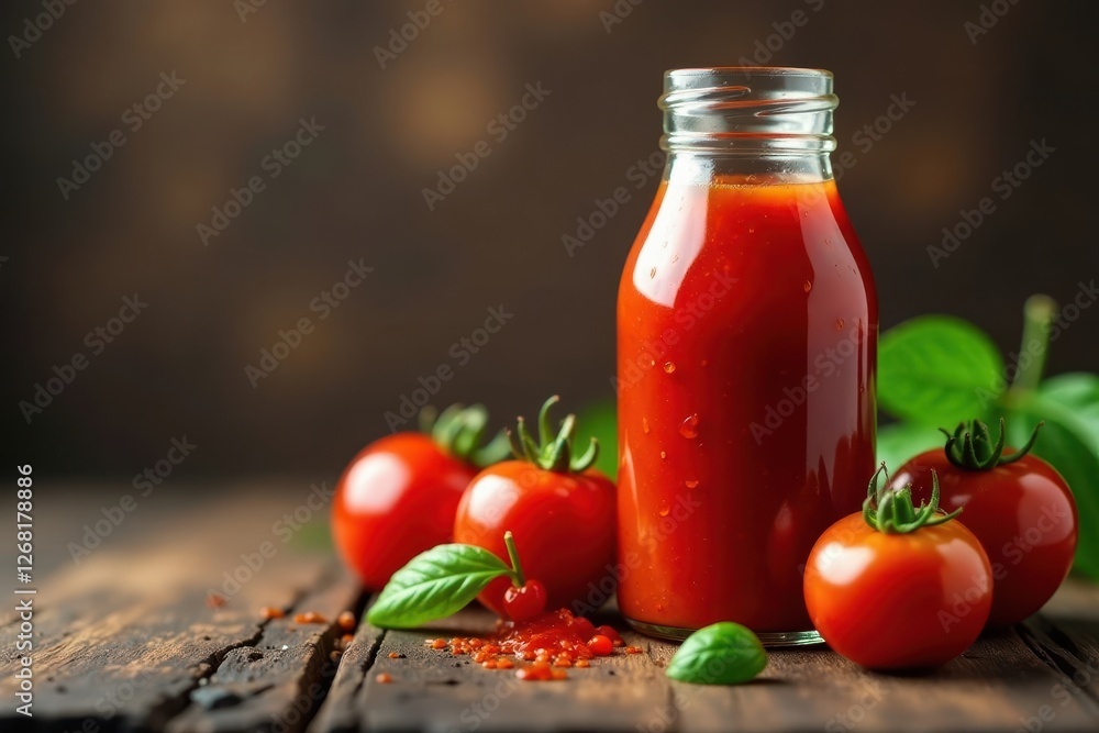 Rich red tomato sauce in a clear glass bottle , culinary, label, still life Rich red tomato sauce in a clear glass bottle , culinary, label, still life
