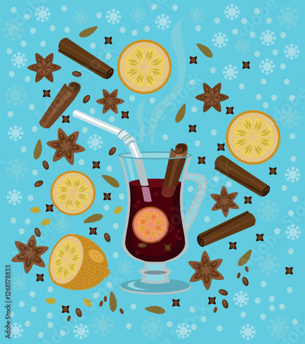 Vector illustration of a glass of mulled wine with spices and snowflakes on a blue background.