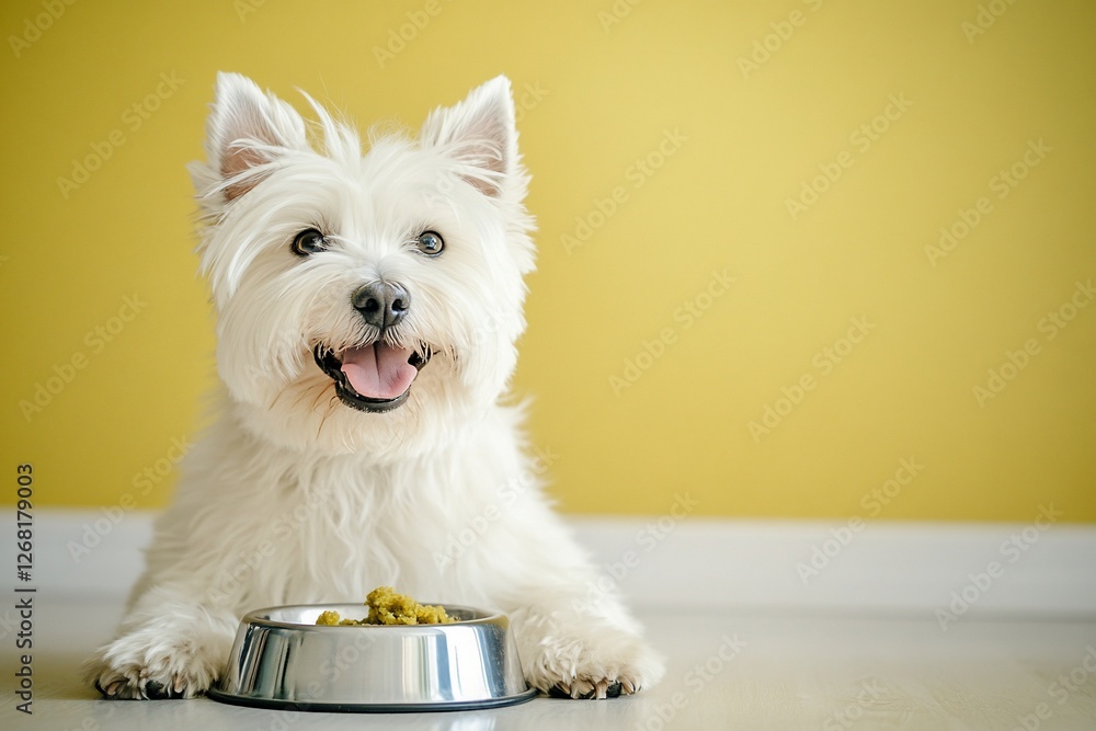 Happy West Highland White Terrier dog sitting by its food bowl, looking at the camera. Happy West Highland White Terrier dog sitting by its food bowl, looking at the camera.