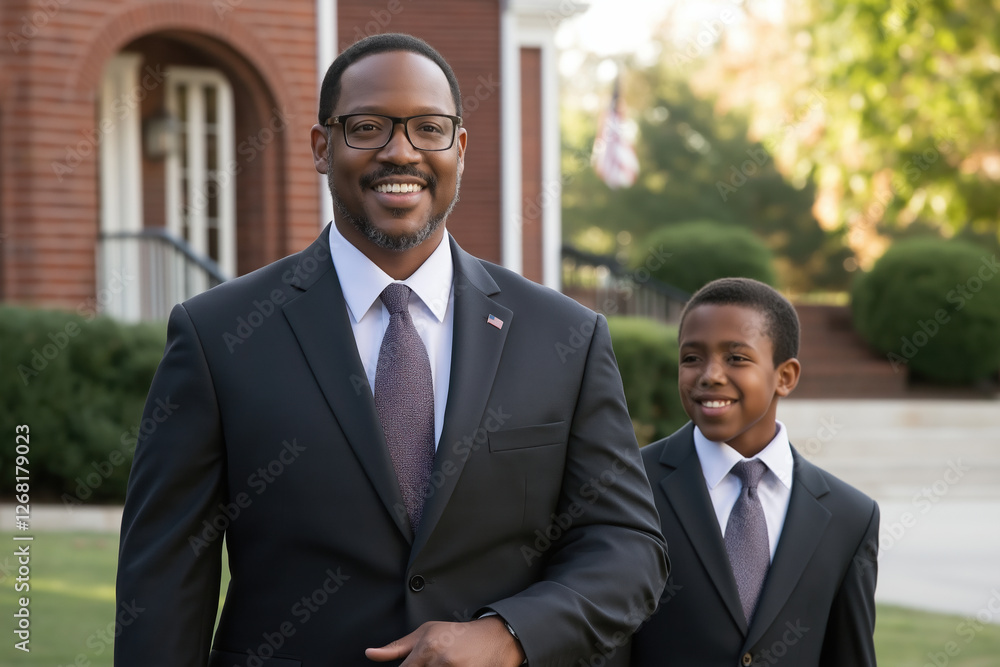 Smiling man and boy dressed formally walking together outdoors during sunny day Smiling man and boy dressed formally walking together outdoors during sunny day