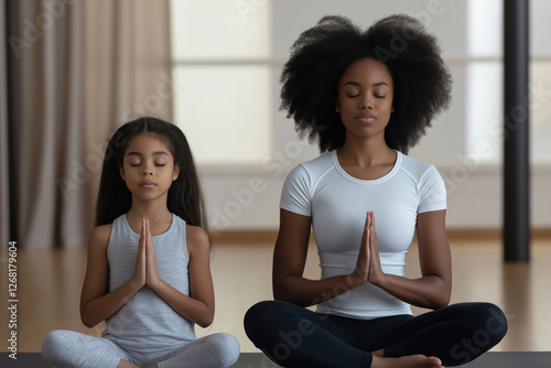 Mother and daughter practicing yoga together in a serene indoor setting