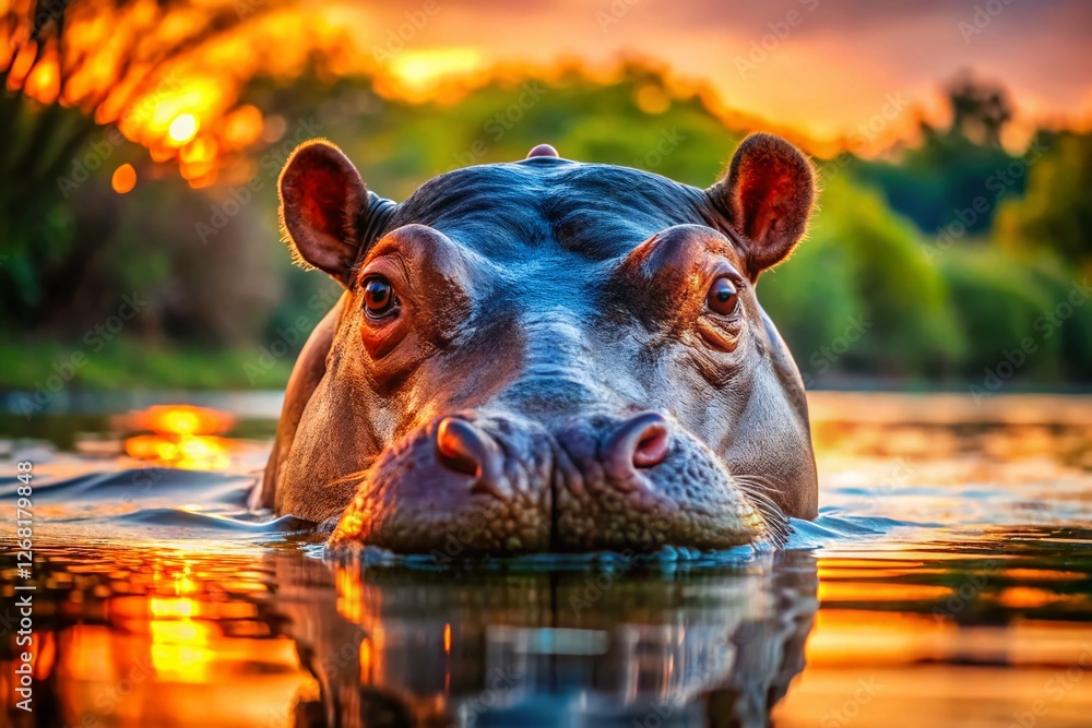 Fototapeta premium Drone Close-Up: Hippopotamus Head Emerging from Calm Water